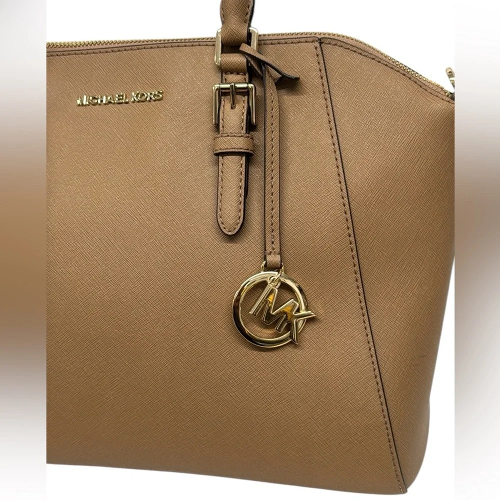 Michael Kors Camel-Beige Saffiano Leather Double Top Handles Satchel Bag Purse
